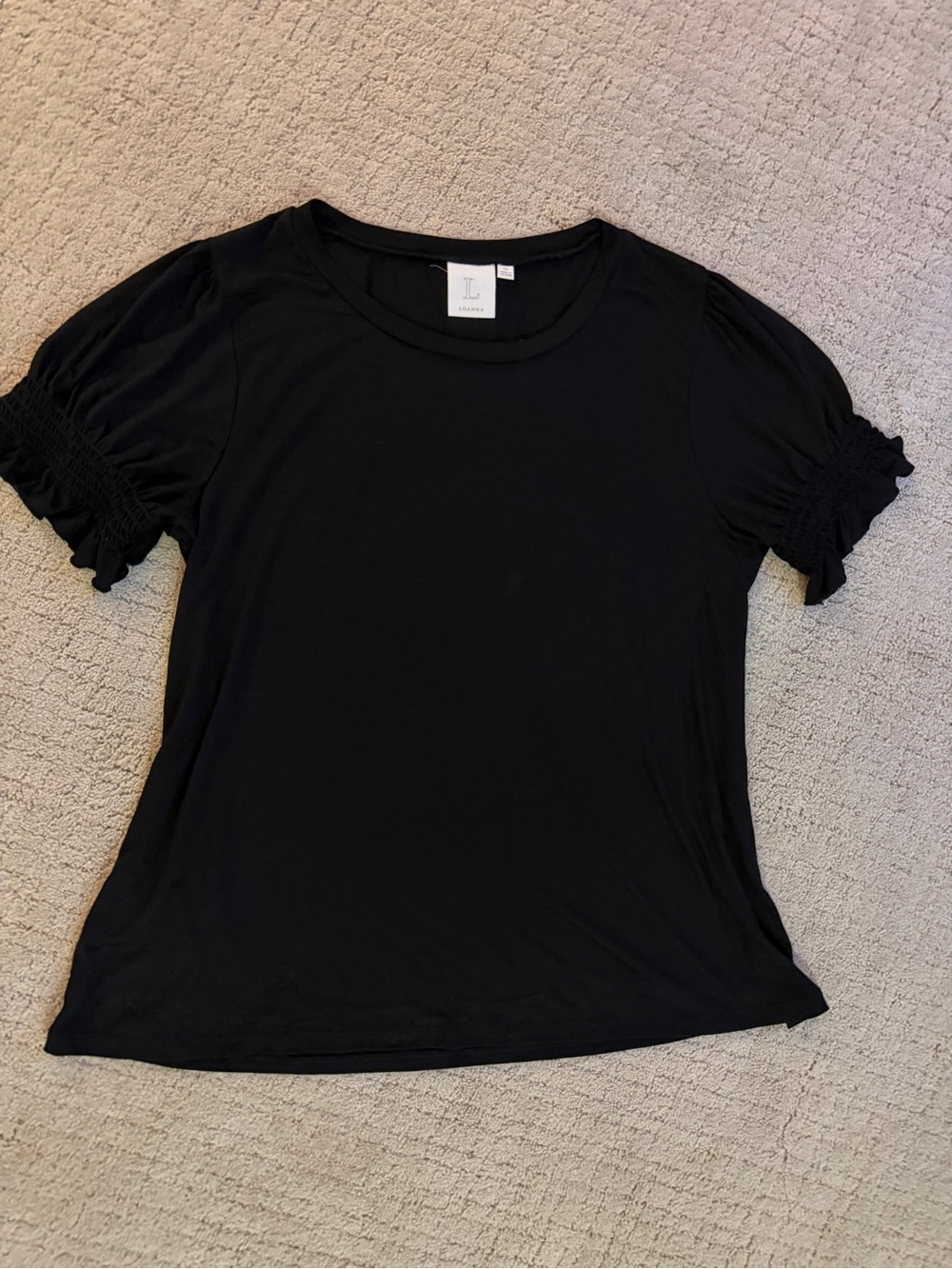 Anna Black Short Sleeve Top with Smocked Ruffle Sleeves